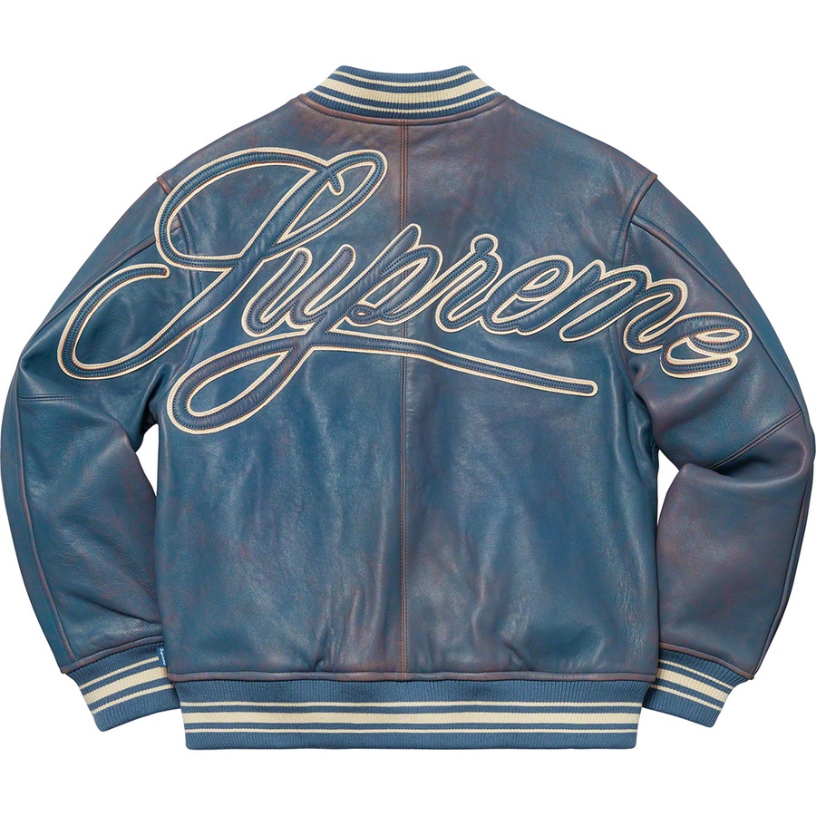 Supreme Leather Varsity Jacket (SS19) - Blue - $698