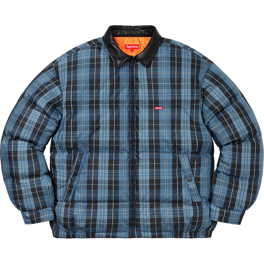 Supreme Leather Collar Puffy Jacket (FW19) - Blue Plaid - $268
