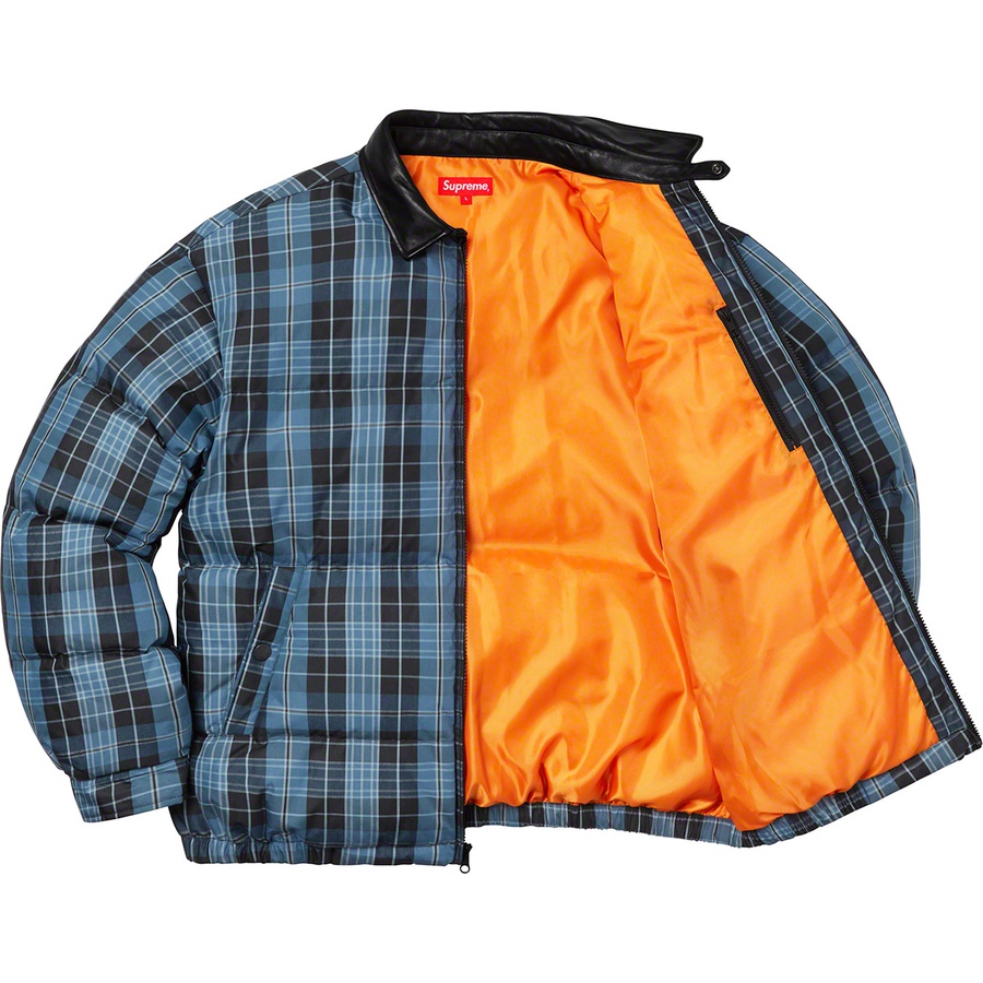 Supreme Leather Collar Puffy Jacket (FW19) - Blue Plaid - $268