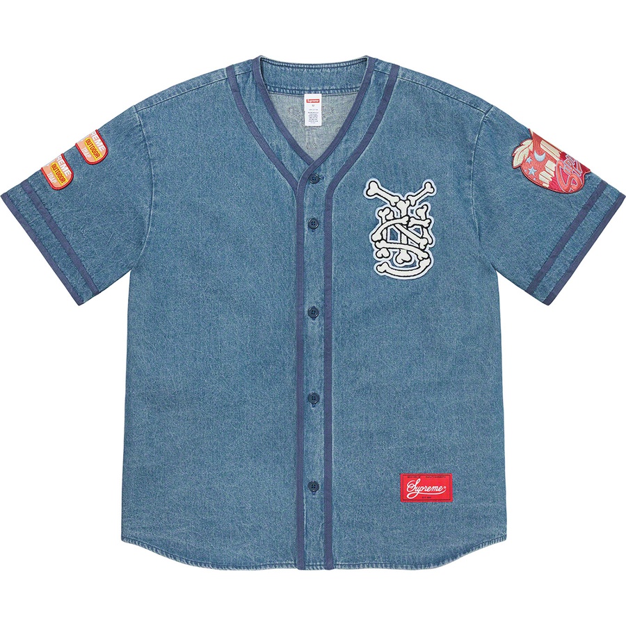 Supreme Patches Denim Baseball Jersey (SS21) - Denim - $198