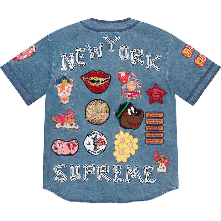 Supreme Patches Denim Baseball Jersey (SS21) - Denim - $198