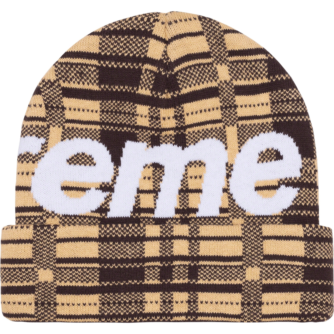Supreme Big Logo Beanie (FW23) - Tan Plaid - $44