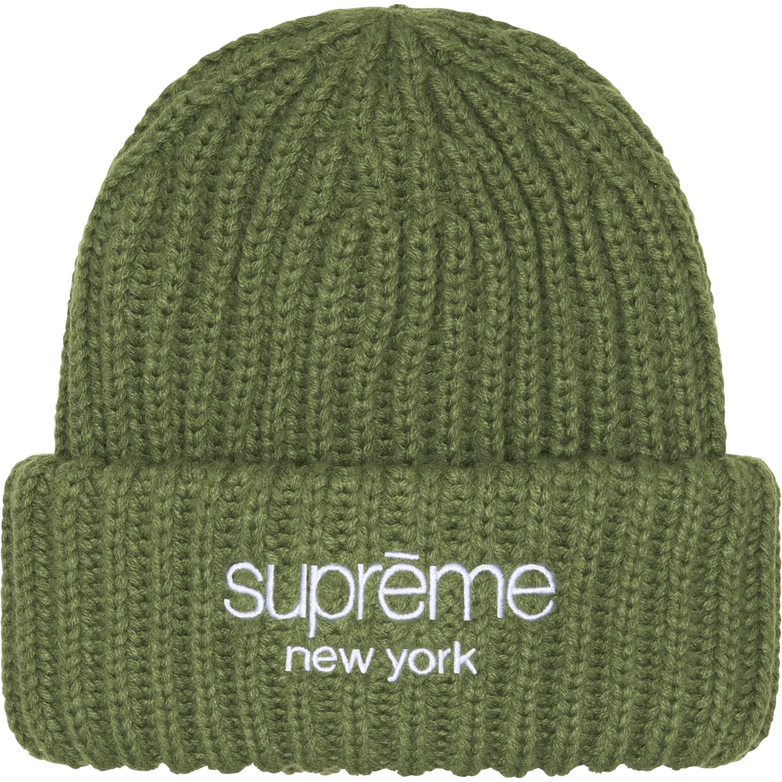 Supreme Classic Logo Chunky Ribbed Beanie (FW23) - Olive - $40