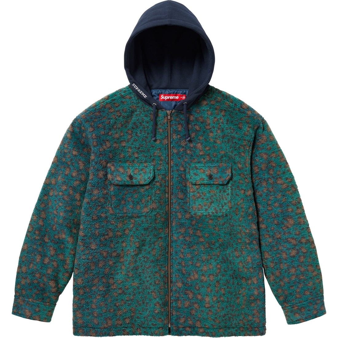 Supreme Fleece Zip Up Hooded Shirt (FW23) - Teal Leopard - $158