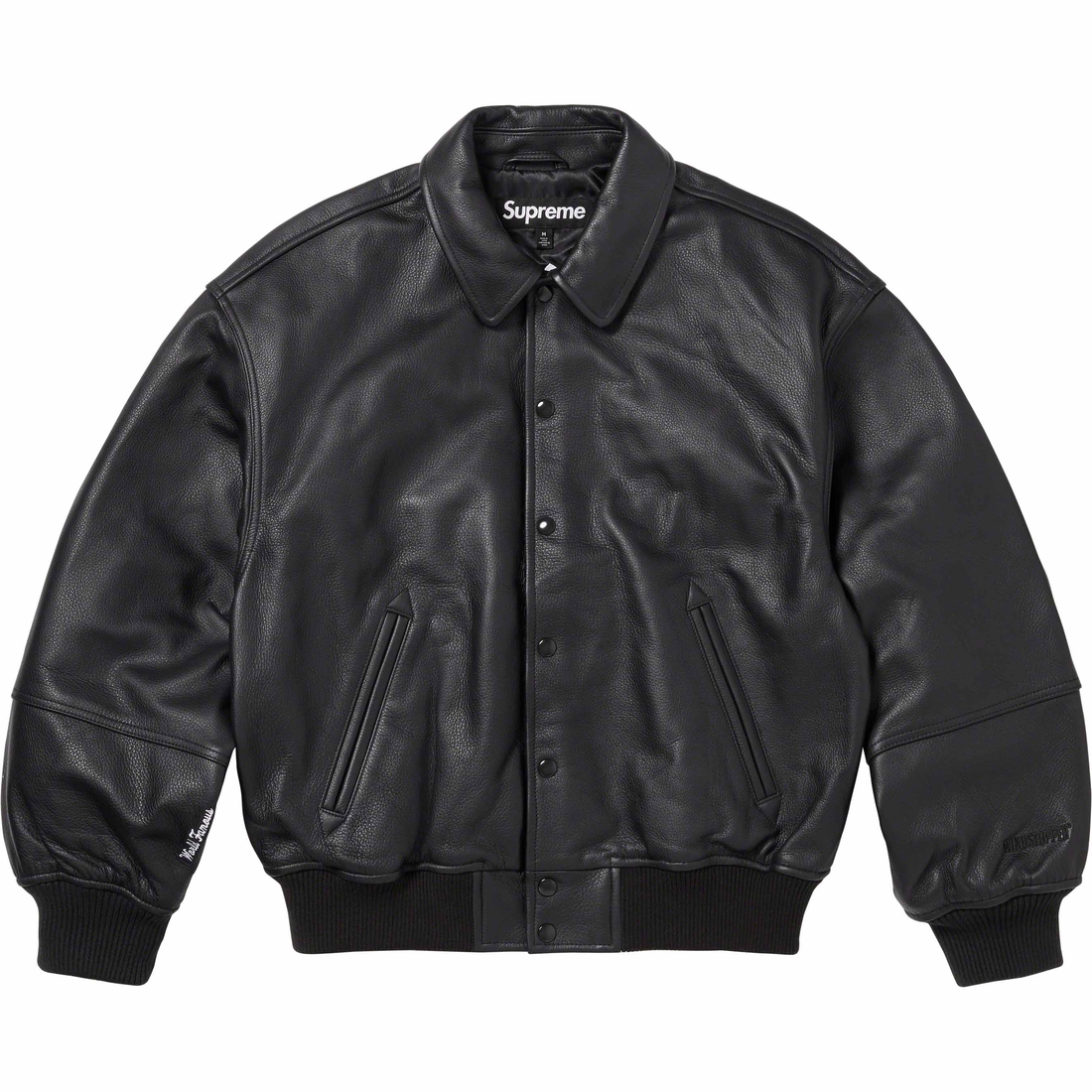 Supreme GORE-TEX Infinium WINDSTOPPER Leather Varsity Jacket (FW23) - Black - $998