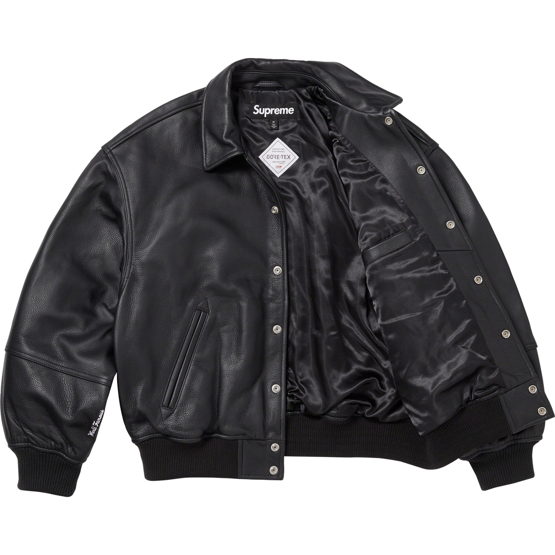 Supreme GORE-TEX Infinium WINDSTOPPER Leather Varsity Jacket (FW23) - Black - $998