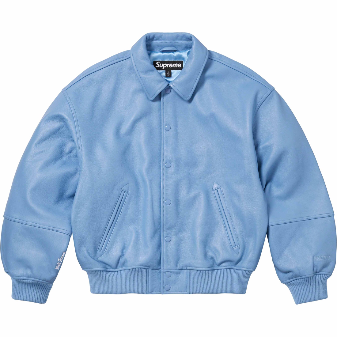 Supreme GORE-TEX Infinium WINDSTOPPER Leather Varsity Jacket (FW23) - Light Blue - $998