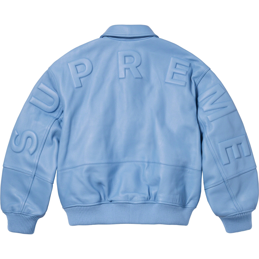 Supreme GORE-TEX Infinium WINDSTOPPER Leather Varsity Jacket (FW23) - Light Blue - $998