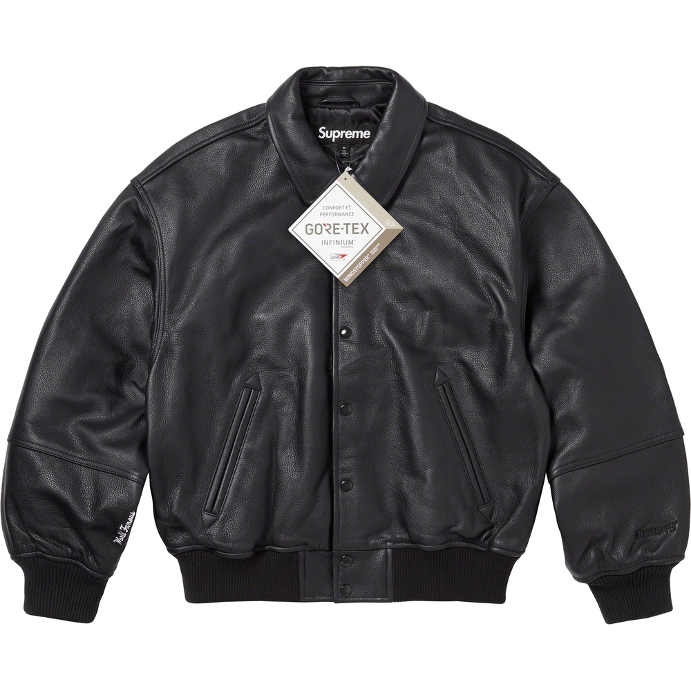 Supreme GORE-TEX Infinium WINDSTOPPER Leather Varsity Jacket (FW23) - $998