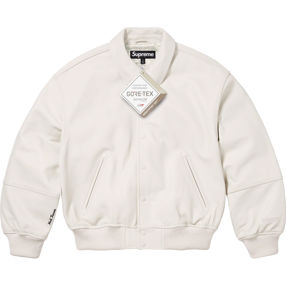 Supreme GORE-TEX Infinium WINDSTOPPER Leather Varsity Jacket (FW23) - $998