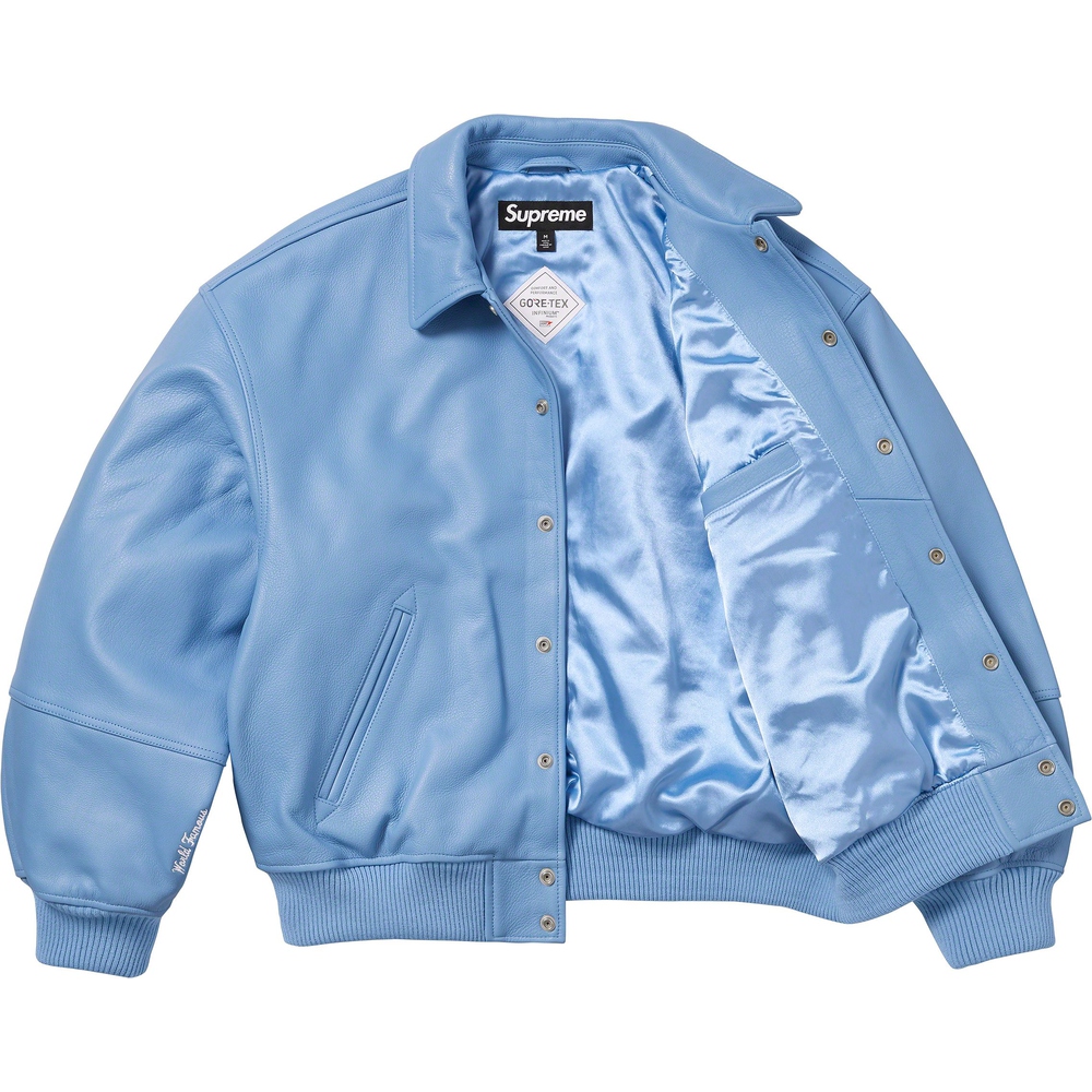 Supreme GORE-TEX Infinium WINDSTOPPER Leather Varsity Jacket (FW23) - $998