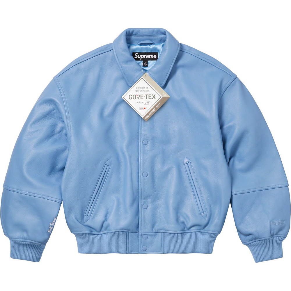 Supreme GORE-TEX Infinium WINDSTOPPER Leather Varsity Jacket (FW23) - $998