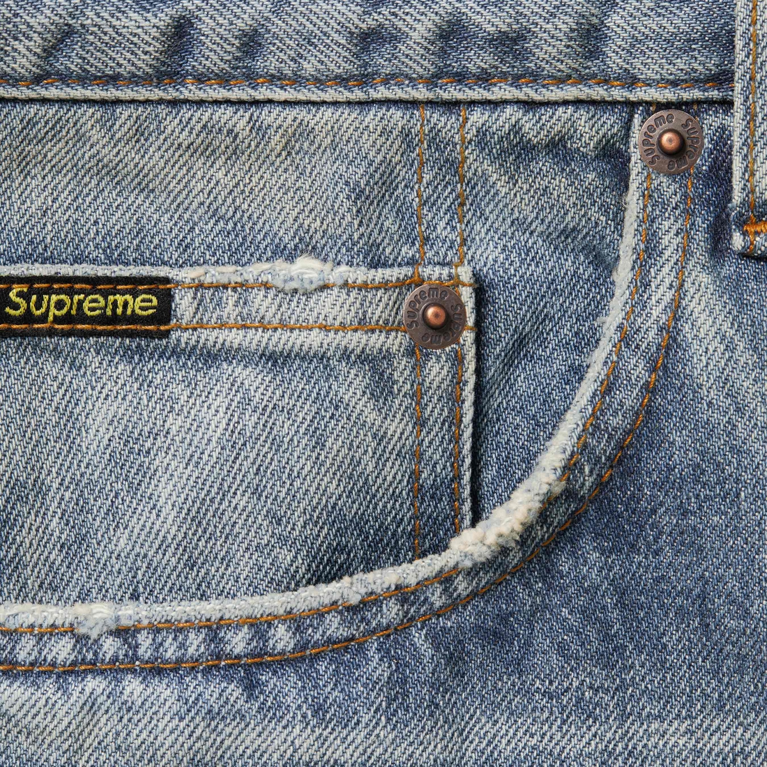 Supreme Distressed Loose Fit Selvedge Jean (FW24) - Washed Indigo - $298