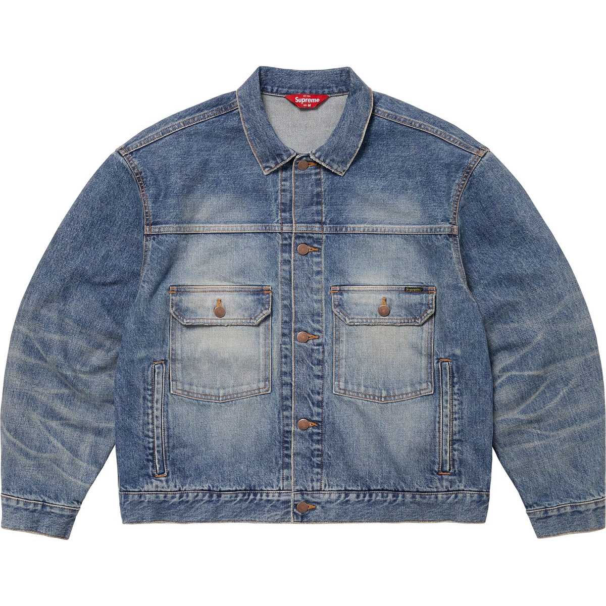 Supreme Distressed Selvedge Trucker Jacket (FW24) - Washed Indigo - $368