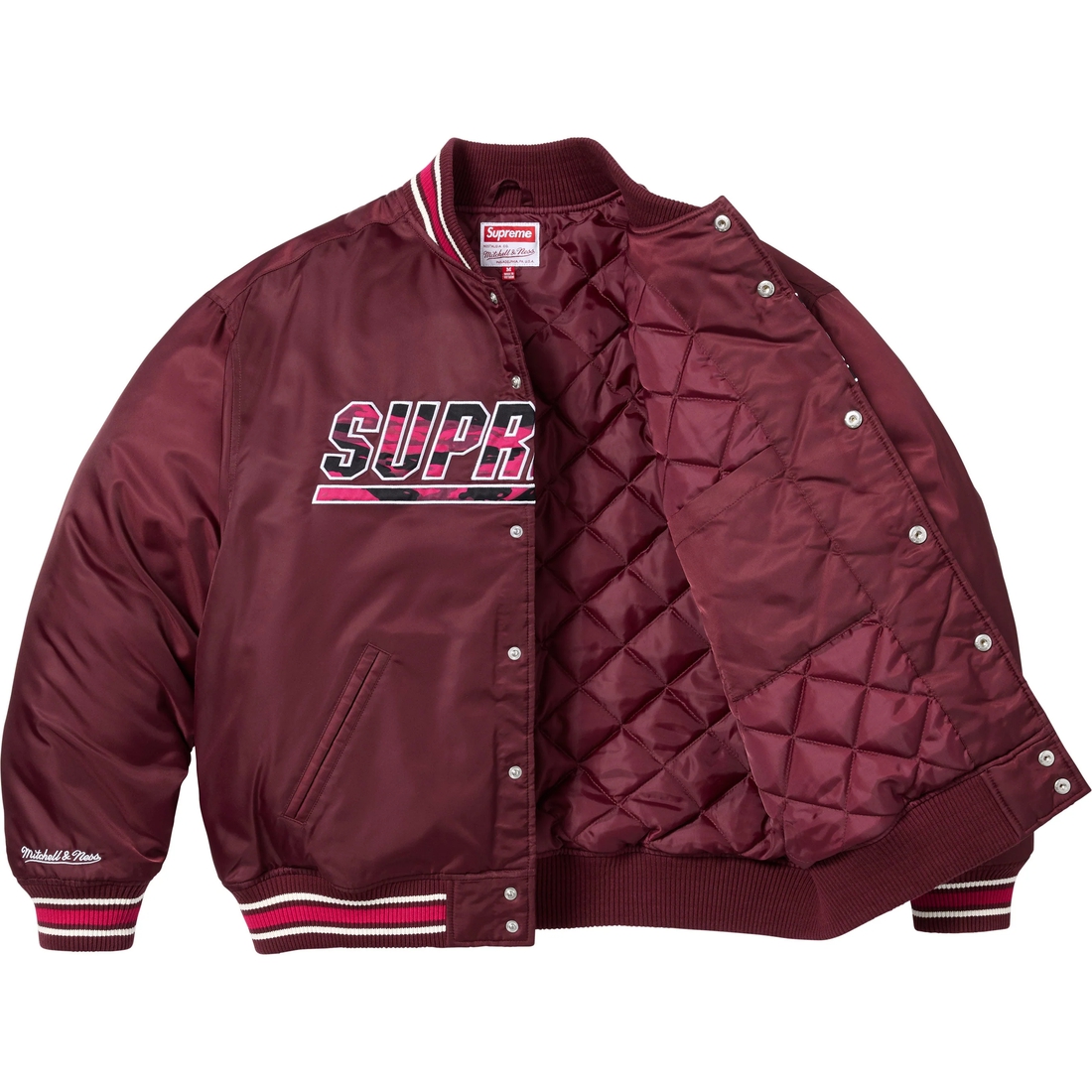 Supreme Supreme Mitchell & Ness Camo Logo Varsity Jacket (SS25) - Burgundy - $268