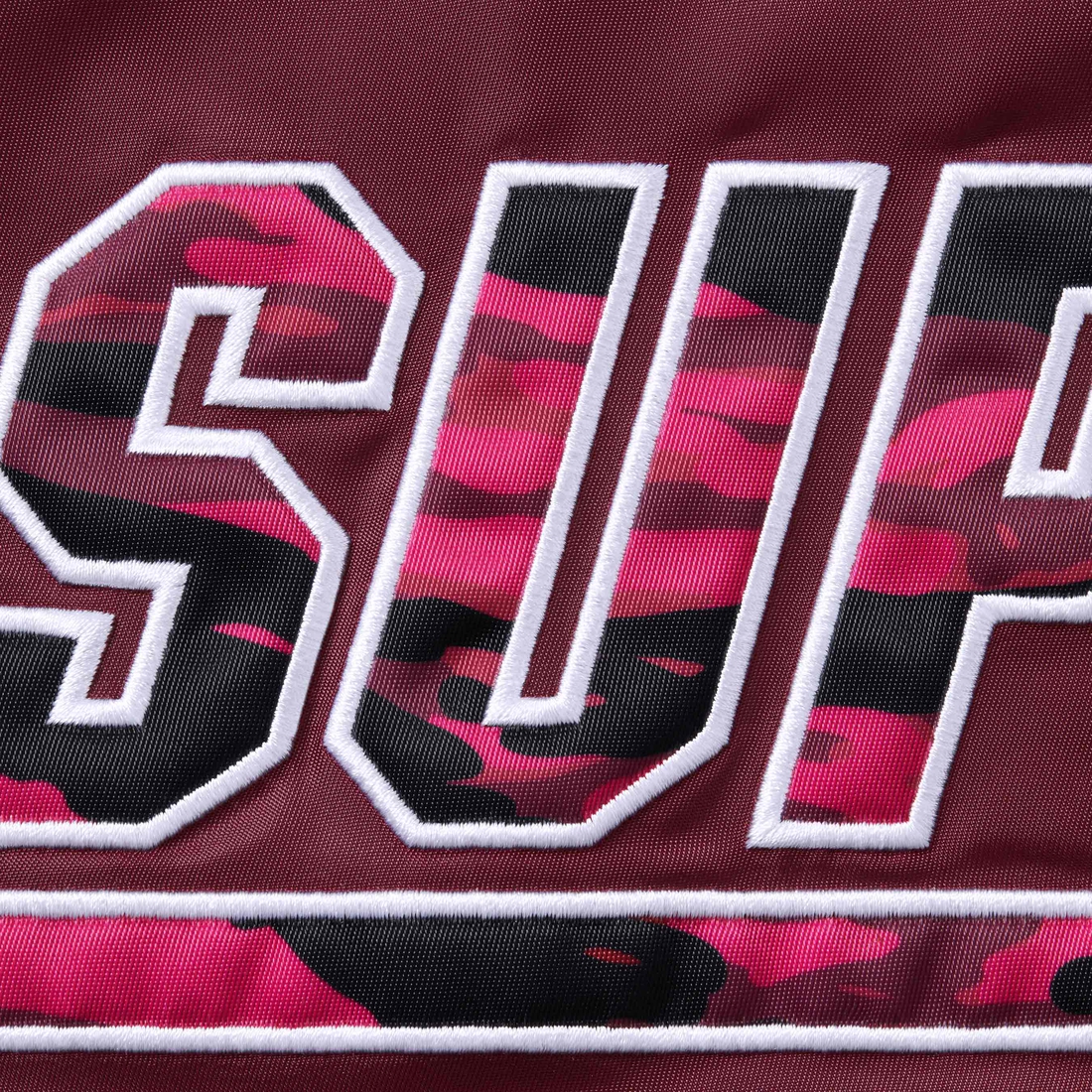 Supreme Supreme Mitchell & Ness Camo Logo Varsity Jacket (SS25) - Burgundy - $268