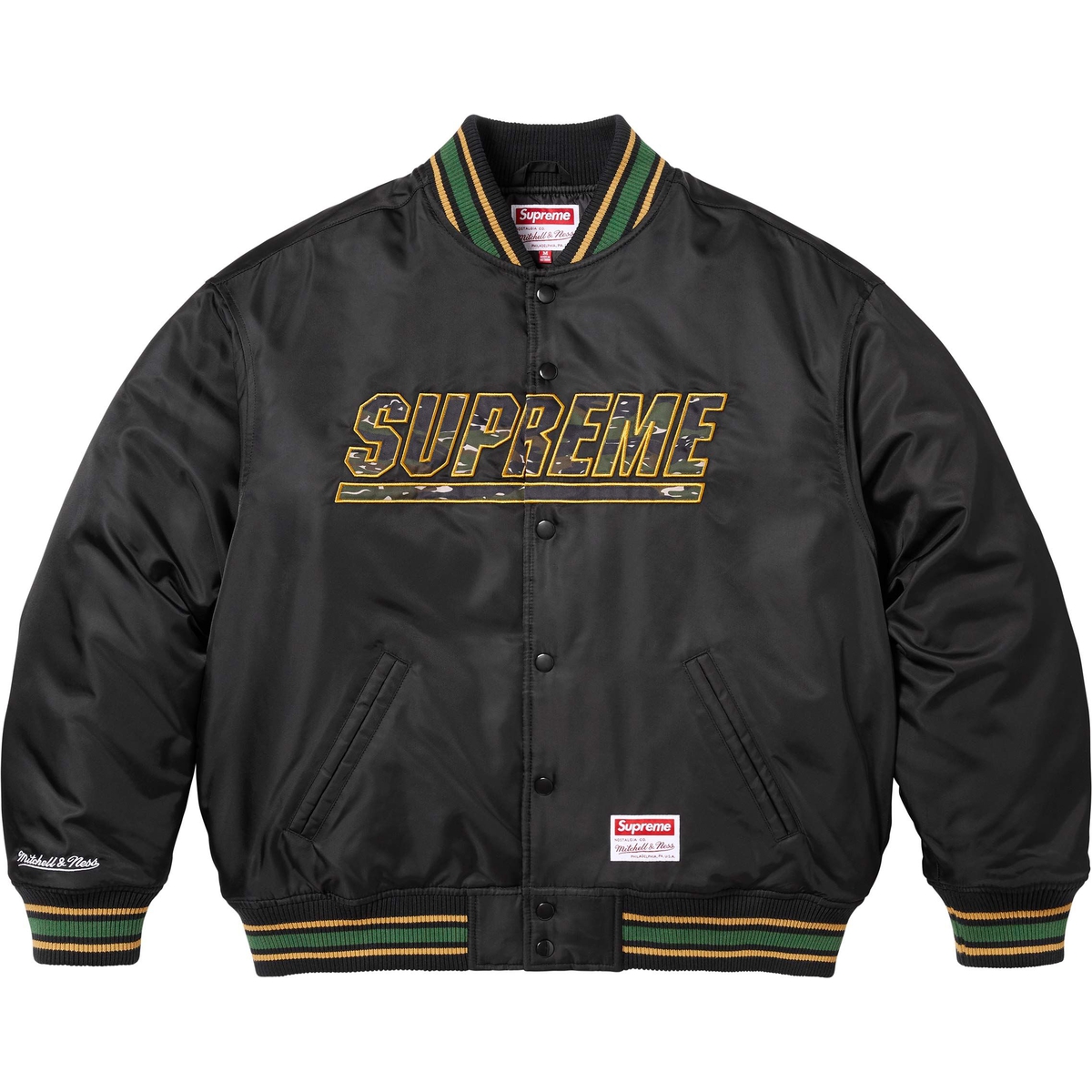 Supreme Supreme Mitchell & Ness Camo Logo Varsity Jacket (SS25) - Black - $268